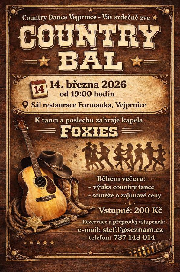 Taneční skupina Country Dance Vejprnice Vás srdečně zve na Country bál. Přijďte si zatančit, pobavit se, naučit se něco nového a strávit příjemný večer s přáteli. Country bál je ideální příležitost, jak si užít sobotu trochu jinak.