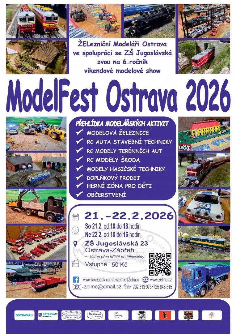 Svět železničního, automobilového i leteckého modelářství odkryje o tomto víkendu dvoudenní výstava ModelFest Ostrava 2026. Již šestý ročník této akce se koná na ZŠ Jugoslávská v Zábřehu v sobotu i v neděli. Vloni se na aktivity modelářů přišlo podívat přes tisíc návštěvníků, kteří obdivovali zejména kolejiště s několika stovkami motorových i elektrických souprav a mašin i RC modelů. Zastavte se s dětmi také.