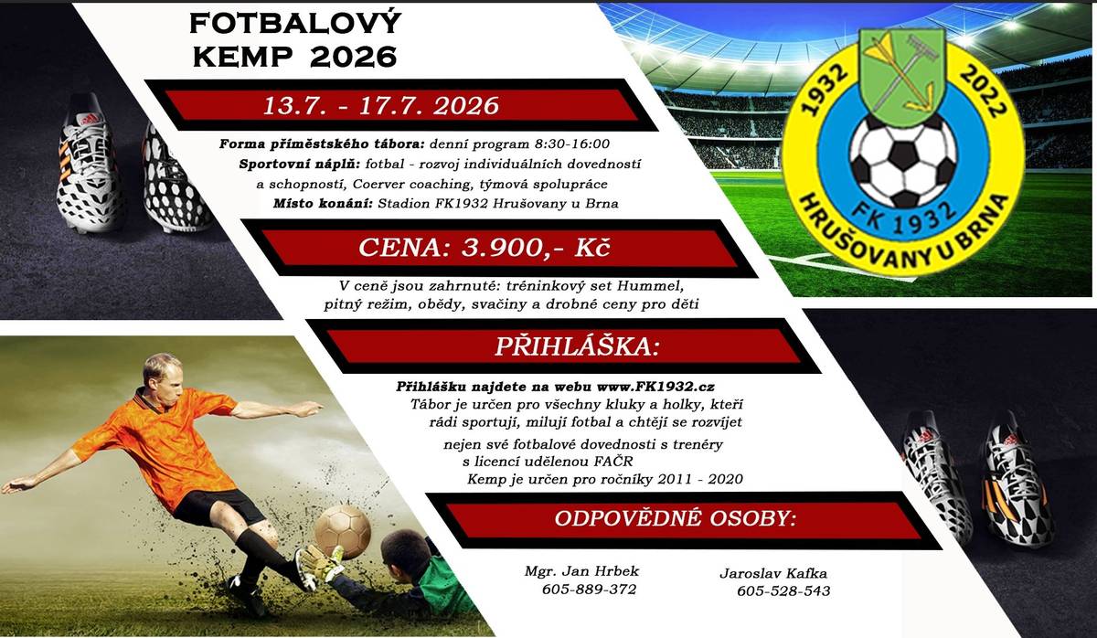 FK 1932 Hrušovany u Brna pořádá ve dnech 13. až 17. července 2026 již třetí ročník oblíbeného příměstského fotbalového kempu. Kemp je vhodný pro holky i kluky ve věku 6-15 let. Zbývá už jen několik posledních volných míst. Více informací a možnost přihlášení na stránkách www.fk1932.cz.