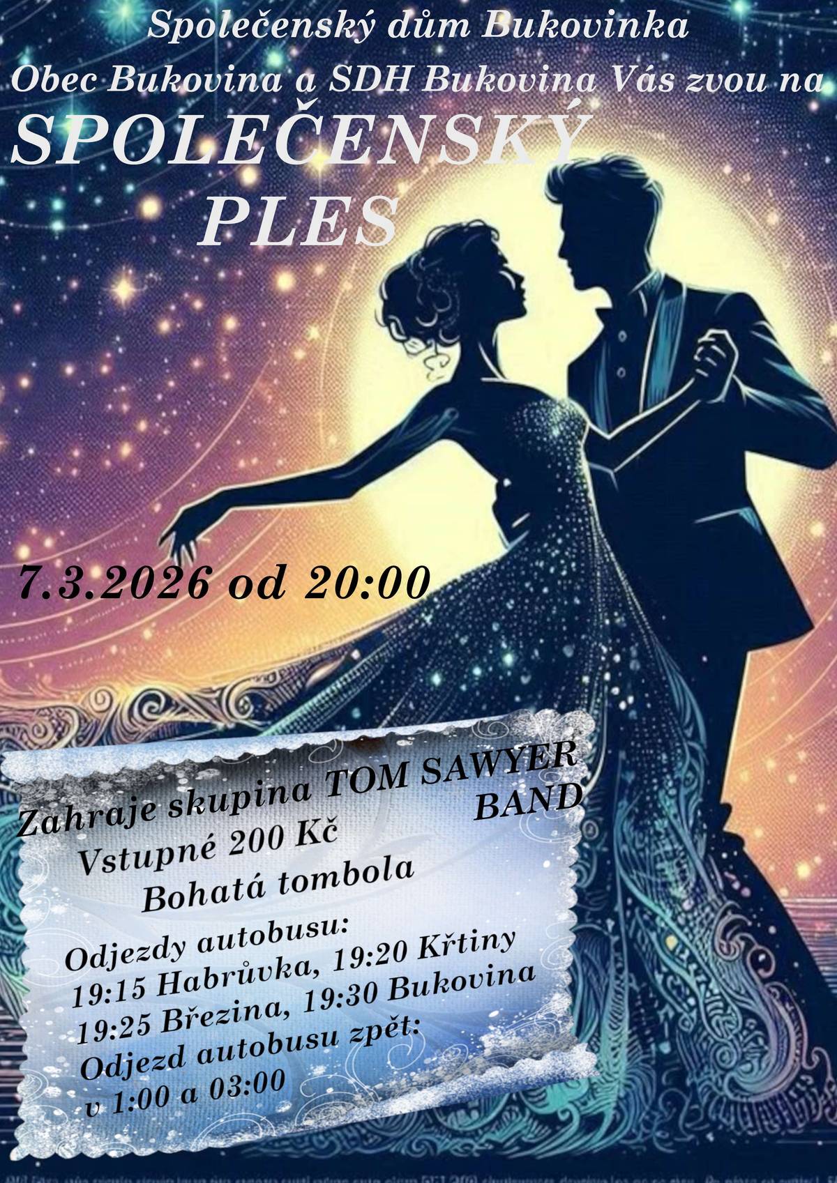 Drůbežárna Prace přijede zítra v 10.15 prodávat: mladé kuřice a kohouty, krmivo pro drůbež a králíky, vitamínové doplňky a dále pak vykupovat králičí kožky - cena 10 Kč/ks. V sobotu 21. února k nám zavítá pojízdná prodejna se zabijačkovými specialitami. Prodej proběhne od 13.35 do 14.20 hodin na bývalé točně. Nádobu na vynikající černou polévku nezapomeňte s sebou, bude jí dostatek. Obec a SDH Bukovina Vás zvou na společenský ples, který se bude konat v sobotu 7. března od 20:00 hodin ve Společenském domě v Bukovince. K tanci a poslechu bude hrát skupina Tom Sawyer Band. Cena vstupenky je 200 Kč. Vstupenky si můžete stále zakoupit na obecním úřadě. Obecní úřad oznamuje, že na základě Obecně závazné vyhlášky č. 7/2024 bude vybírat do 31. května 2026 poplatek za odvoz domovního odpadu na rok 2026, který činí 750 Kč za každou osobu s trvalým pobytem v obci nebo za každou nemovitost, ve které není hlášena k trvalému pobytu žádná osoba. Obecní úřad oznamuje, že na základě Obecně závazné vyhlášky č. 6/2024 bude vybírat poplatek ze psů ve výši 200 Kč za jednoho psa a za každého dalšího psa téhož držitele také 200 Kč. Úhradu je možné provést bezhotovostně převodem na účet obce č.10527631/0100 nebo v hotovosti na obecním úřadě. Jako variabilní symbol prosím uvádějte číslo domu. Připomínáme občanům, kterých se tato povinnost týká, úhradu poplatku za záběr veřejného prostranství dle platné OZV č. 1/2021.