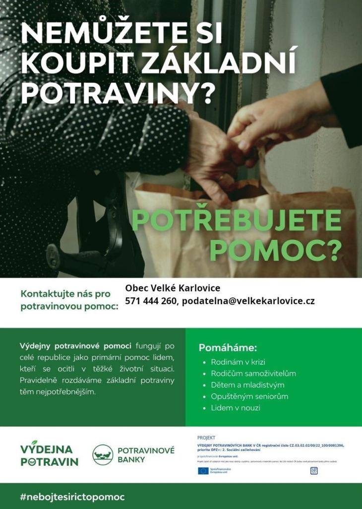 Konkrétně k pomoci - žadatelé si budou 2x v měsíci (každou druhou středu odpoledne) vyzvedávat na obecním úřadě potravinový balíček (1x v měsíci i drogerii).     Potravinová banka pomáhá potřebným a zároveň pomáhá v boji proti plýtvání s potravinami.
