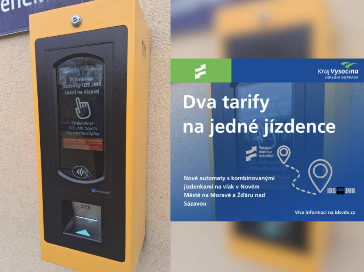 Cestující ze Žďáru nad Sázavou a Nového Města na Moravě nově dojedou do Jihomoravského kraje na jednu kombinovanou jízdenku. Už nebude potřeba kupovat dvě zvlášť. 🟡 Od února jsou ve stanicích Žďár nad Sázavou, Nové Město na Moravě a Nové Město na Moravě zastávka instalovány žluté automaty.   zaplatíte platební kartou   jízdenka se nahraje přímo na kartu (je pouze v elektronické podobě)   kartou se pak prokážete ve vlaku nebo v brněnské MHD   Nové řešení zjednoduší cestování například přes Ostrov nad Oslavou – Křižanov – Osovou Bítýšku nebo přes Bystřici nad Pernštejnem – Nedvědici – Tišnov. Jízdenky z automatu platí pro cesty do Jihomoravského kraje (např. do Brna i s možností využít MHD v rámci časové platnosti). 🎫 Pro cesty po Vysočině zůstává vše beze změny – jízdenku koupíte v pokladně, ve vlaku nebo v aplikaci Můj vlak. Na zpáteční cestu lze kombinovanou jízdenku pořídit opět v automatu, ve vlaku na linkách S3 a S4 nebo v Kontaktním centru IDS JMK, například na hlavním nádraží v Brně.