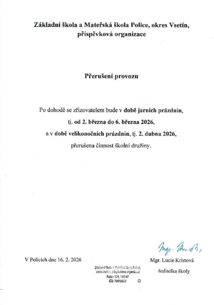 Přerušení provozu v době jarních prázdnin viz plakát.