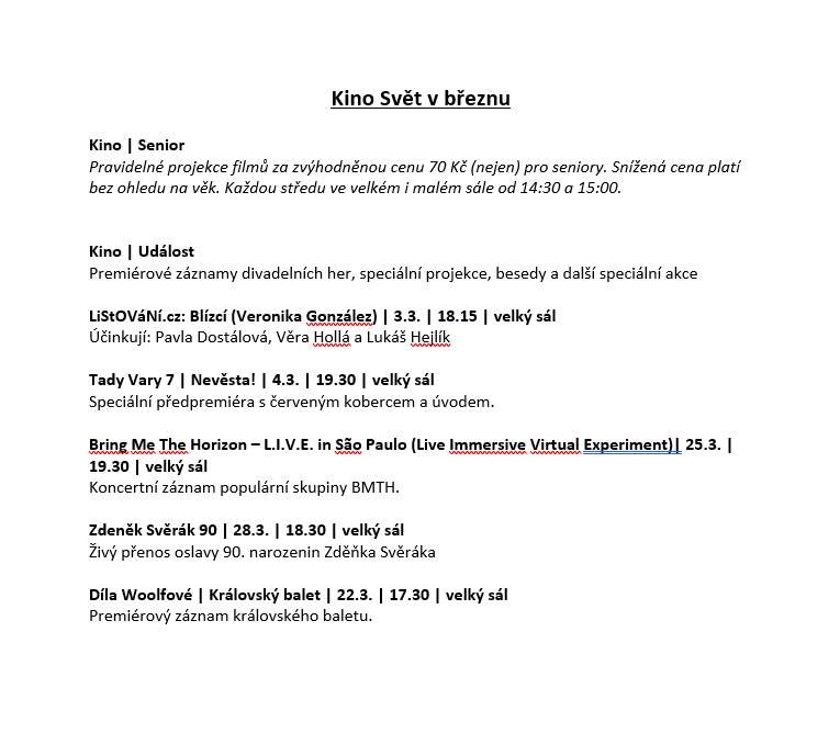 KINO SVĚT HODONÍN - PROGRAM NA BŘEZEN 2026