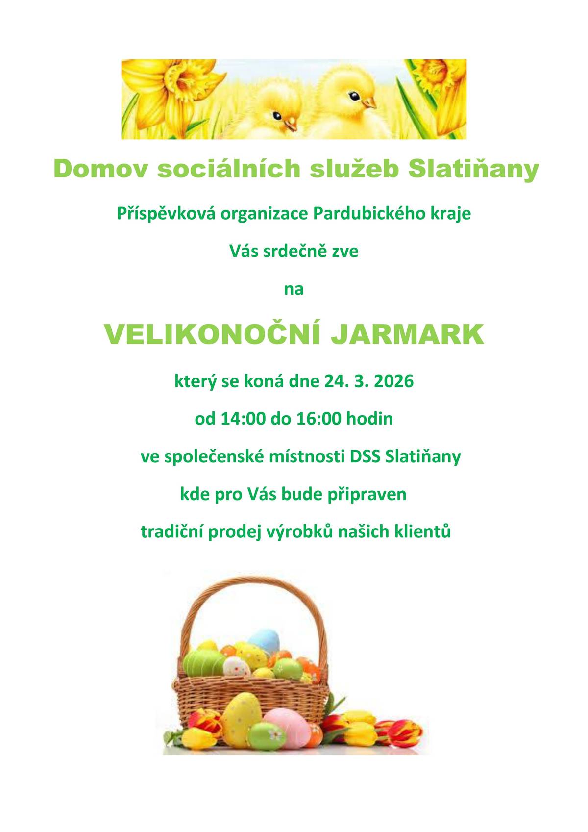 Domov sociálních služeb Slatiňany Vás srdečně zve na tradiční Velikonoční jarmark, který se uskuteční 📅 24. března 2026 🕑 od 14:00 do 16:00 hodin 📍 ve společenské místnosti DSS Slatiňany (Klášterní 795) Těšit se můžete na tradiční prodej výrobků našich klientů, kteří si pro Vás s radostí připravili velikonoční dekorace, drobné dárky i jarní inspiraci. Přijďte si navodit sváteční atmosféru, podpořit šikovné ruce našich klientů a potěšit sebe nebo své blízké originálním výrobkem. 💛