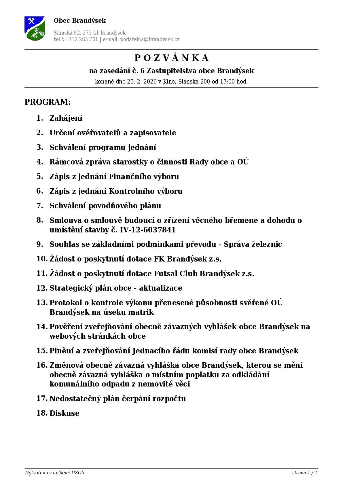 Zveme Vás na zasedání 6. Zastupitelstva obce Brandýsek.