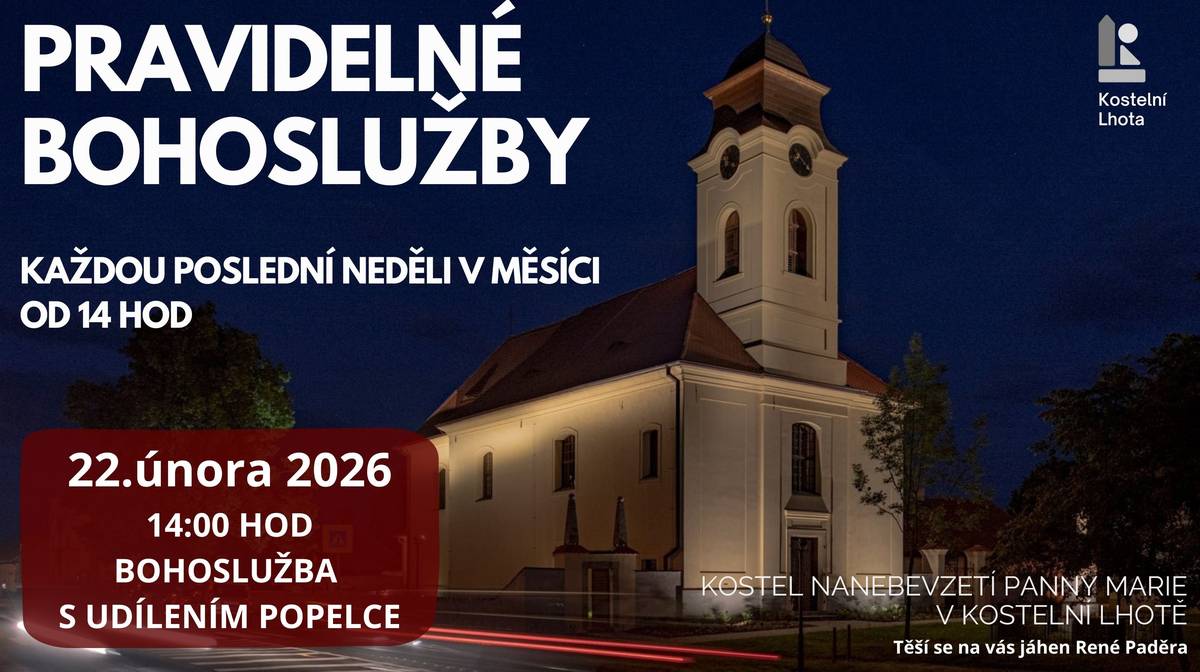 Vážení spoluobčané, zveme vás do našeho kostela Nanebevzetí Panny Marie na nadcházející bohoslužbu, která se koná v rámci pravidelných setkání (každou poslední neděli v měsíci). Tato únorová bohoslužba bude výjimečná tradičním udílením popelce – symbolického křížku popelem na čelo které nás uvádí do postního období.   📅 Kdy: Neděle 22. února 2026   ⏰ V kolik: 14:00 hodin   📖 Provází: Jáhen René Paděra   Přijďte se na chvíli zastavit v klidném prostředí našeho kostela. Všichni jste srdečně zváni.