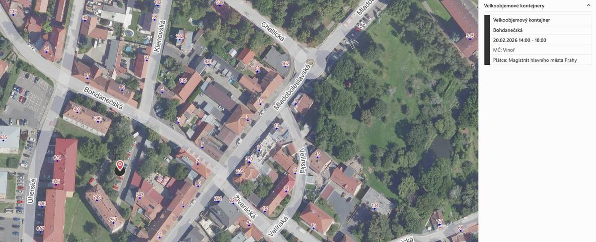 Kontejner bude přistaven v ulici Bohdanečská (mezi domy čp. 250 a čp. 400) v pátek 20.02.2026 od 14:00 – 18:00 hodin. Mapa rozmístění všech pražských míst velkoobjemových kontejnerů.