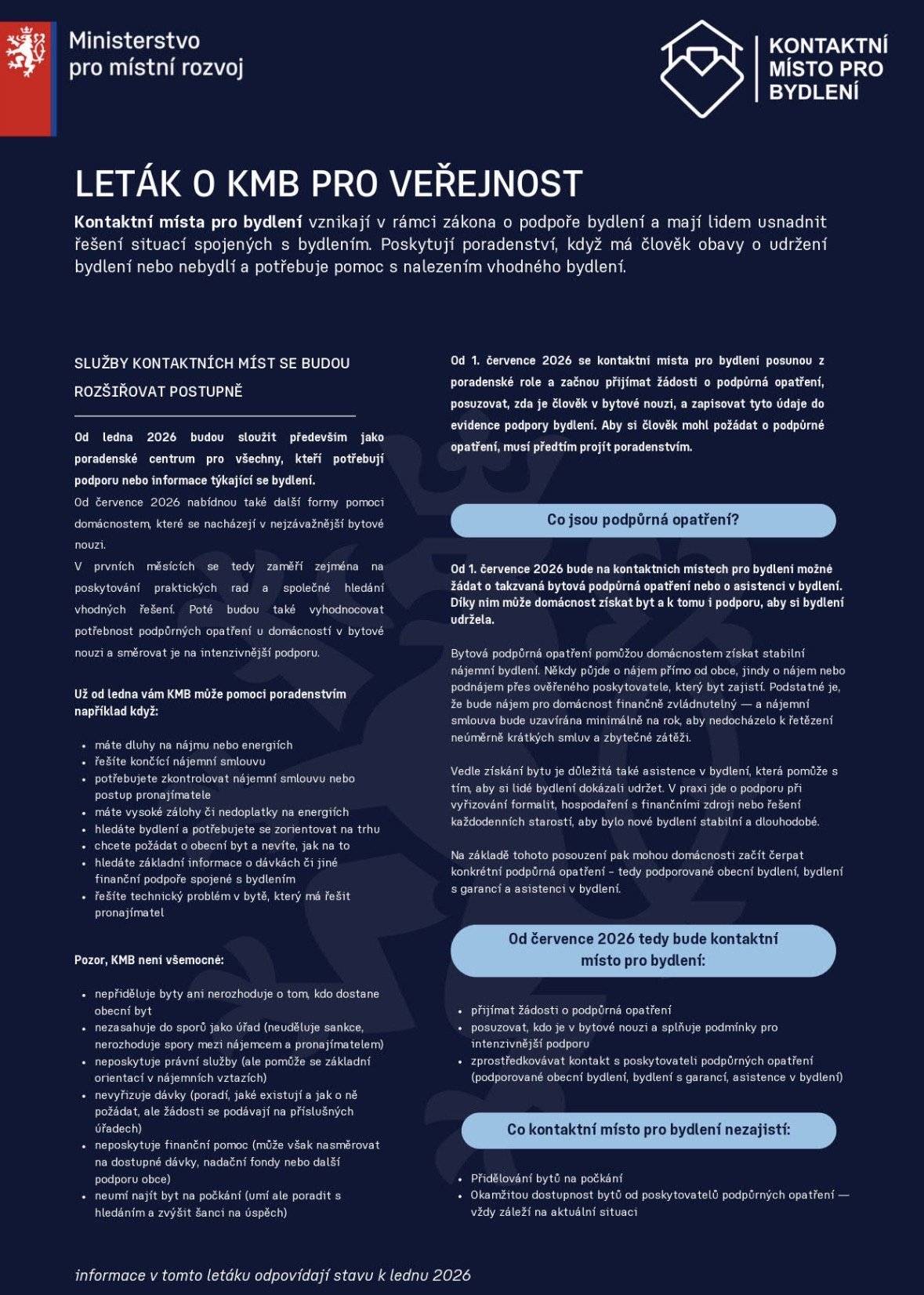 Vážení občané, od roku 2026 budou postupně spuštěna Kontaktní místa pro bydlení (KMB), která nabídnou bezplatné poradenství všem, kdo řeší potíže s bydlením, hledají nové bydlení nebo potřebují pomoc s orientací v dávkách a možnostech podpory. Od července 2026 zde bude možné také žádat o podpůrná opatření pro domácnosti v bytové nouzi. Pokud máte obavy o udržení bydlení, potýkáte se s dluhy na nájmu či energiích nebo si nevíte rady s nájemní smlouvou, obraťte se na KMB – pomohou vám najít řešení a nasměrují vás na další podporu. 👇🏼 Více informací najdete na přiloženém plakátu.