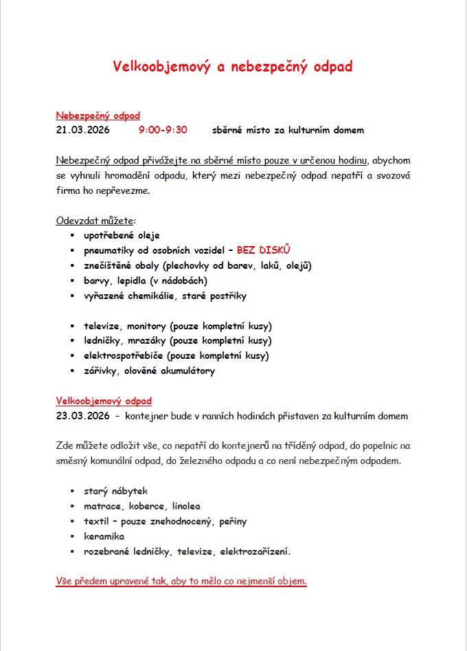 Nebezpečný odpad 21.3 2026  Velkoobjemový odpad 23.3.2026