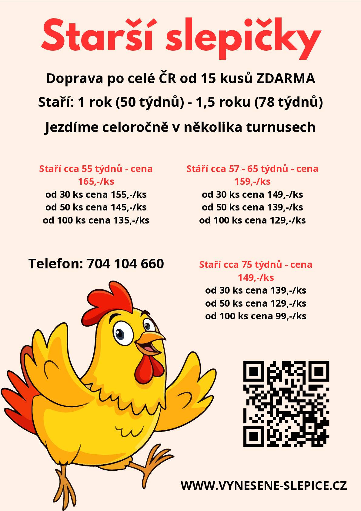 Vážení přátelé,  Stejně jako v minulém roce bychom Vás chtěli poprosit o informování chovatelů ve Vaší obci o možnosti objednat si kvalitní starší slepice s dovozem „až do kurníku“. Naši službu velmi vítají především starší občané, pro které je obtížné pro slepice někam jezdit a čekat ve frontách, ale i řada dalších chovatelů, kterým náš servis šetří čas i starosti se sháněním slepic.   Na letáku, který je v příloze jsou vypsány všechny podstatné informace.  Chovatelům z celé ČR již několik let dodáváme nejkvalitnější starší slepice na českém trhu.   Mnohokrát děkujeme za Váš čas a věříme, že chovatelé z Vaší obce budou s našimi službami spokojeni.   Případně odkaz na stránky zde:               https://www.vynesene-slepice.cz/   S přáním hezkého dne   www.vynesene-slepice.cz   E: vynesene-slepice@email.cz   T: +420704104660