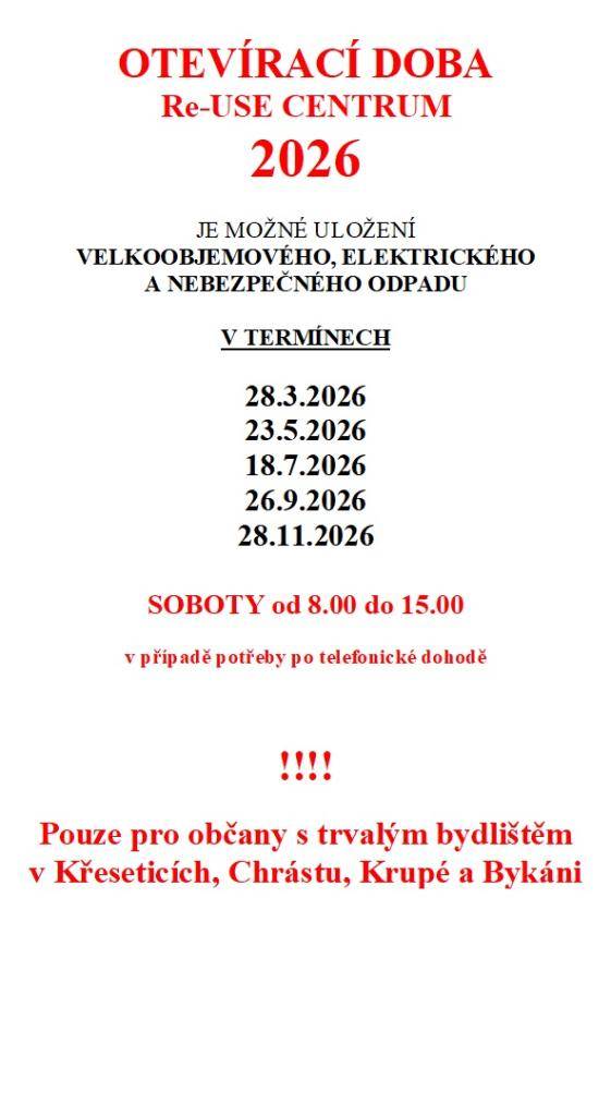 RE-USE CENTRUM - OTEVÍRACÍ DOBA 2026