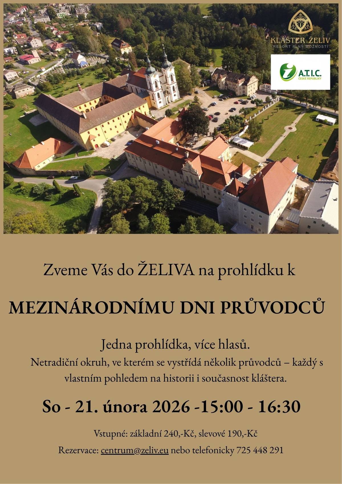 V sobotu 21. 2. 2026 od 15:00 hod. se uskuteční v želivském klášteře mimořádná komentovaná prohlídka u příležitosti Mezinárodního dne průvodců. Speciálním okruhem vás postupně provede více průvodců. Dozvíte se zajímavosti z historie, architektury i života v klášteře. Kapacita je omezená. Doporučujeme rezervaci prohlídky.  Kontakt: +420 725 448 291