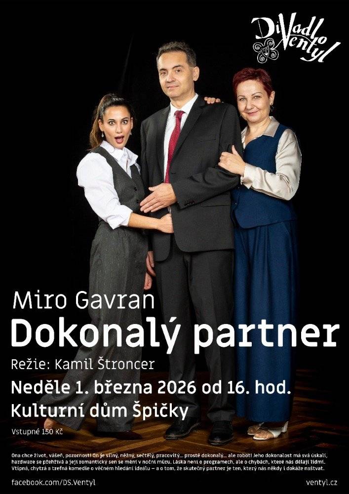Spolek žen Špičky a obec Špičky Vás srdečně zvou na divadelní představení Dokonalý partner, které se odehraje v neděli 1.3.2026 od 16:00 hod. v kulturním domě ve Špičkách. Více informací o hře a divadelním spolku zde: http://www.ventyl.cz/dokonaly-partner.html