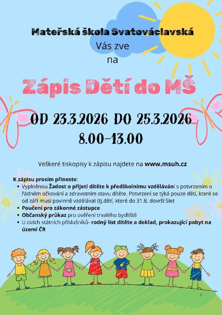 Zveme Vás k zápisu do MŠ, který se koná ve dnech 23. - 25.3.2026.