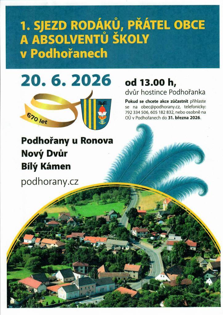 Obec Podhořany zve všechny rodáky, přátele obce a absolventy školy na Sjezd rodáků v Podhořanech, který se uskuteční 20. června 2026 od 13:00 hodin v dvoře hostince Podhořanka. Přihlášky je možné zasílat do 31. března 2026.