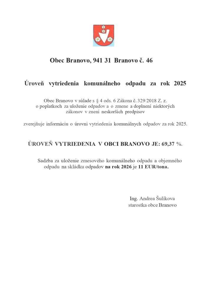 Úroveň vytriedenia komunálneho odpadu za rok 2025