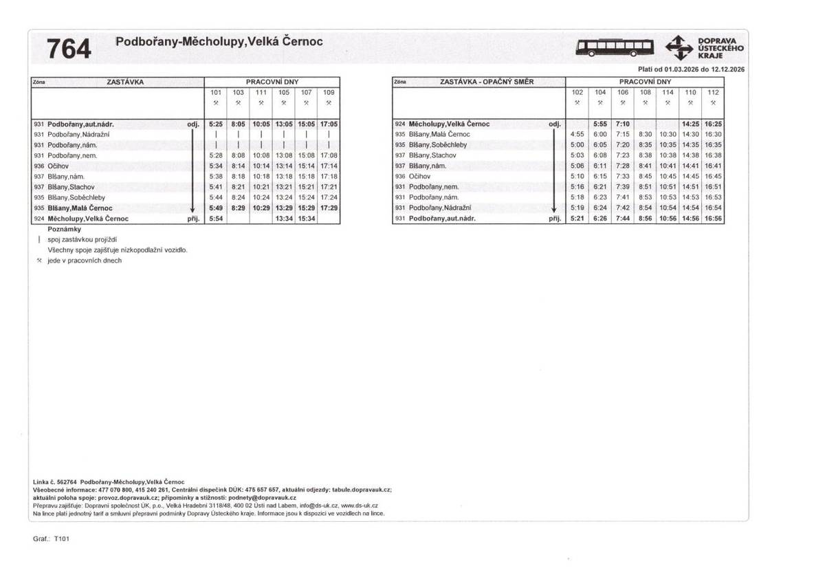 od 1.3.2026 dochází ke změně jízdního řádu autobusové linky č. 764 Podbořany - Měcholupy, Velká Černoc