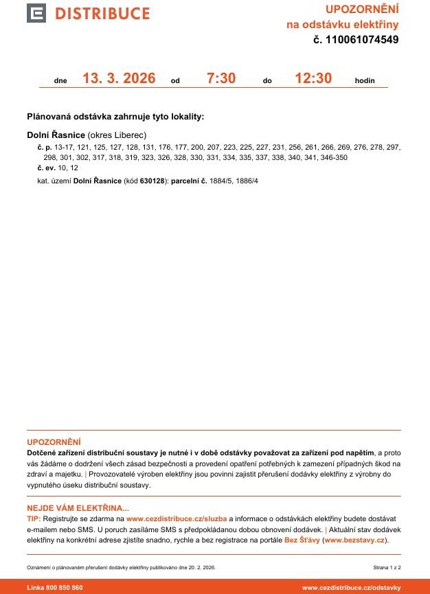 Oznámení o přerušení dodávky elektrické energie.