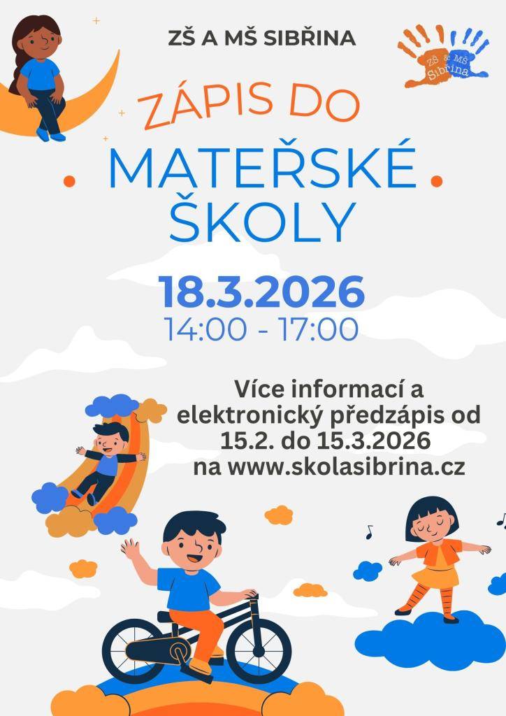 Základní škola a mateřská škola Sibřina pořádá zápis do mateřské školy, který proběhne 18. března 2026 od 14:00 do 17:00. Rodiče mají možnost se elektronicky předregistrovat od 15. února do 15. března 2026 na www.skolasibrina.cz.