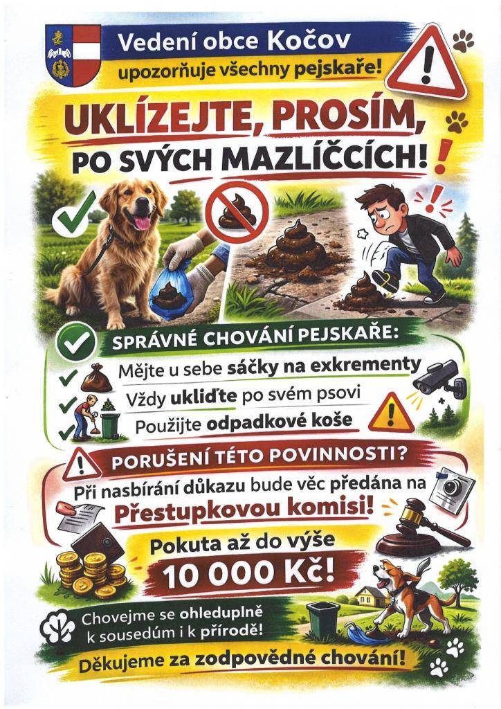 Tímto všechny důrazně upozorňujeme, že jsme se zaměřily na místní pejskaře kteří nesbírají po svých psem exkrementy.  Upozorňujeme že pokud nebudete sbírat po svém psovi tak celá věc bude předána na přestupkovou komisi.