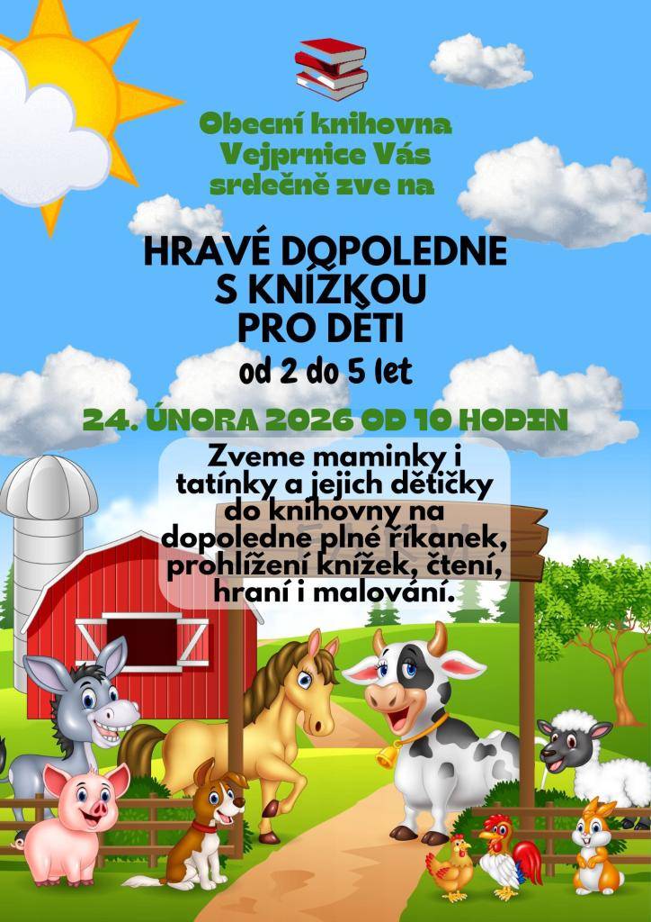 Na poslední únorové úterý jsme pro vaše děti opět připravili hravé dopoledne s knížkou v naší knihovně.  Přijďte si společně s dětmi užít čas plný říkanek, čtení, prohlížení knížek, hraní i malování. Tentokrát se ponoříme do světa zvířátek – těšit se můžete na veselé aktivity a spoustu zábavy.