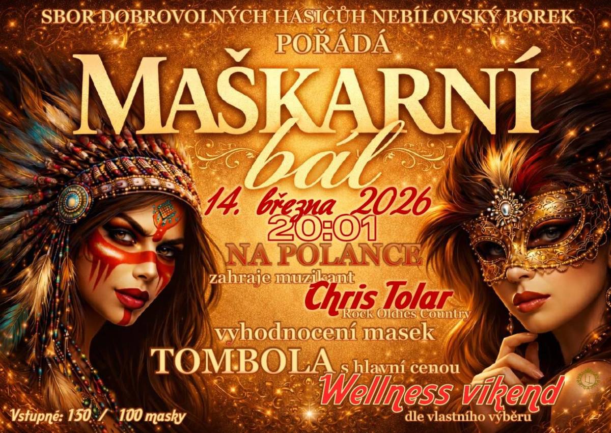Hasiči z Nebílovského Borku Vás zvou na tradiční maškarní ples s bohatou tombolou, který se koná 14.3.2026 od 20:01 v restauraci Na Polance.