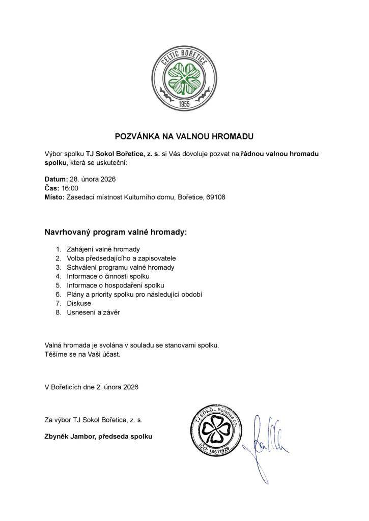 Valná hromada se koná v sobotu 28. února v 16.00 v zasedací místnosti Obecního úřadu v Bořeticích