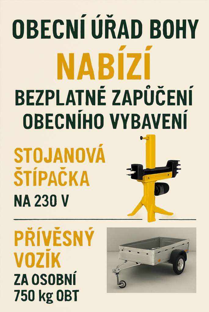 Zapůjčení obecního vybavení pro občany obce Bohy a Rakolusky