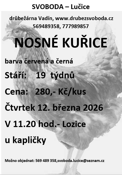 Vážení občané, informujeme, že počínaje dneškem by mělo cca měsíc probíhat čistění koryta řeky v úseku okolo mostu (z břehu od kontejneru na bio). Může se tedy stát, že bude v této oblasti krátce přerušen průjezd nebo celkově zhoršené podmínky pro pohyb. Děkujeme za pochopení.  Zároveň informujeme o prodeji nosných kuřic tak, jak je uvedeno na přiloženém letáku.  S pozdravem BM