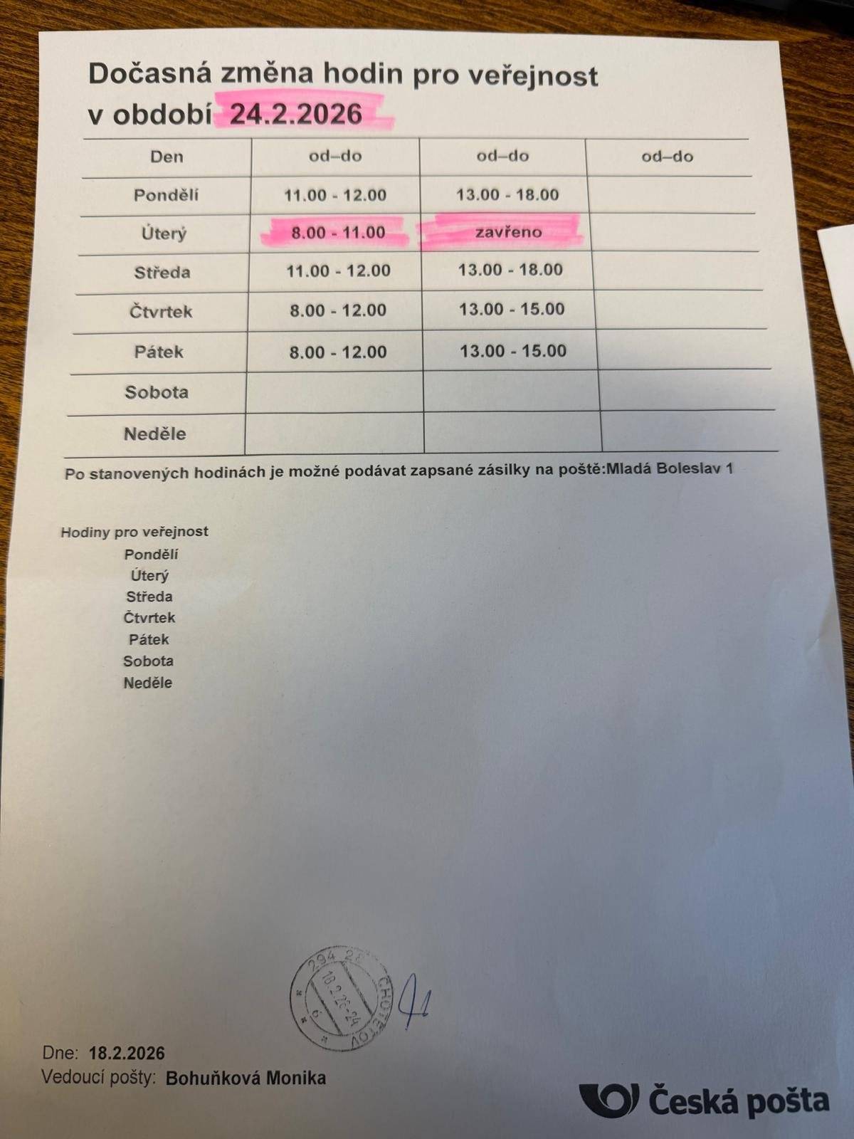 🔊Informace občanům: 📯 Pošta v Městys Chotětov bude v úterý dne 24.2.2026 odpoledne uzavřena ❌.
