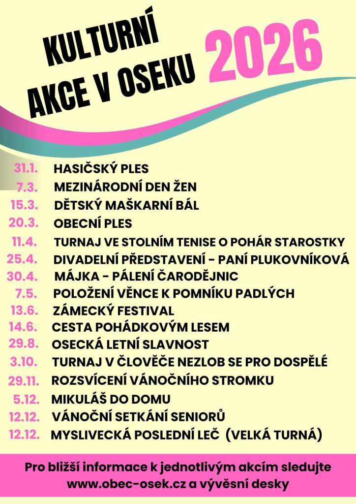 Přehled kulturních akcí v obci na rok 2026.