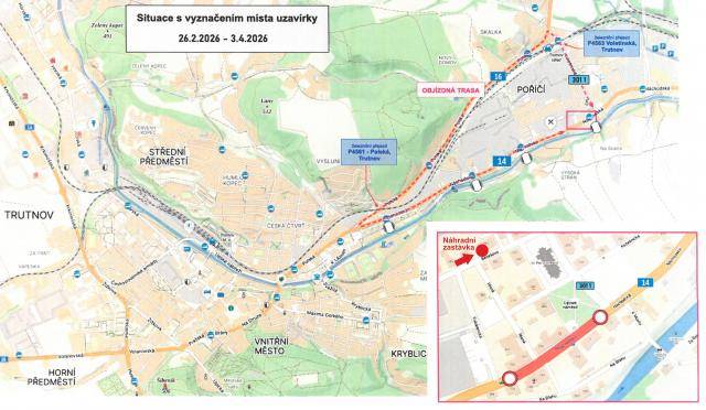 Od 26.února do 3. dubna 2026 dojde k uzavírce silnice I/14 v ul. Náchodská v Trutnově, a to z důvodu opravy havarijního stavu kanalizačního řadu.                               Číst dál...