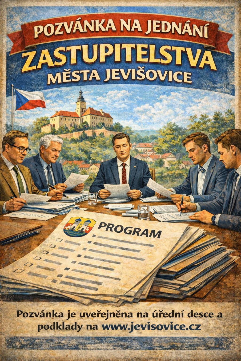 Pozvánka na zasedání ZASTUPITELSTVA M Ě S T A     J E V I Š O V I C E Jednání se koná v zasedací místnosti radnice dne  24. února 2026  v 18:00 hod. Program:   1.     Schválení rozpočtu pro rok 2026 včetně příspěvků pro rok 2026 2.     Schválení střednědobého výhledu pro 2027 - 2029 3.     Námitky k zápisu 6/2025 4.     Prodeje pozemků 5.     Žádost o stavební úpravy 6.     Matrika – uzavření manželství 7.     Smlouva město Znojmo - příspěvek na sociální služby 8.     Umístění sirén ČEZ – HZS 9.     Dodatky smluv s FCC 10.  Zpráva likvidátora společnosti Správa a služby sportovních zařízení   11.  Řád pohřebiště   12.  Zápis z FV leden 2026 13.  Ostatní     Diskuse   Mgr. Pavel Málek Starosta
