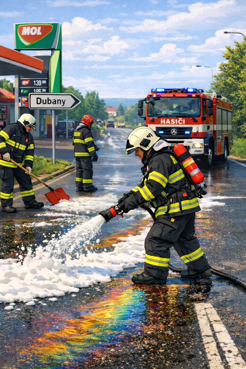 V těchto chvílích dochází k hasičskému zásahu v Libochovicích. Hasiči v Libochovicích likvidují speciálním postřikem stopy ropných látek na silnici, které unikly z poškozeného automobilu. Hasiči likvidují stopu již od čerpací stanice MOL směrem na Dubany. (obrázek je pouze ilustrační a vytvořen AI)