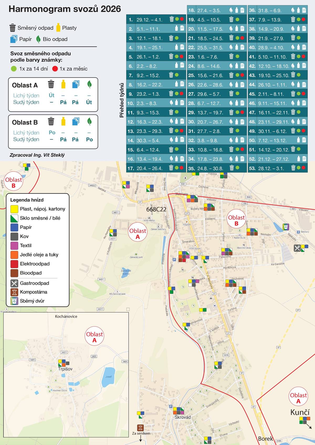 V týdnu od 2. března 2026 budou zahájeny pravidelné svozy bioodpadu od rodinných domů dle platného harmonogramu svozů na rok 2026. Bioodpad je svážen 1× za 14 dní podle rozdělení na jednotlivé oblasti (A a B). Prosíme občany, aby nádoby přistavili včas na obvyklé svozové místo. 📅 Přehled konkrétních termínů naleznete v přiloženém Harmonogramu svozů 2026 (PDF i JPG), kde je zároveň uvedeno rozdělení oblastí včetně mapky. Děkujeme za spolupráci a za správné třídění bioodpadu. 🌱