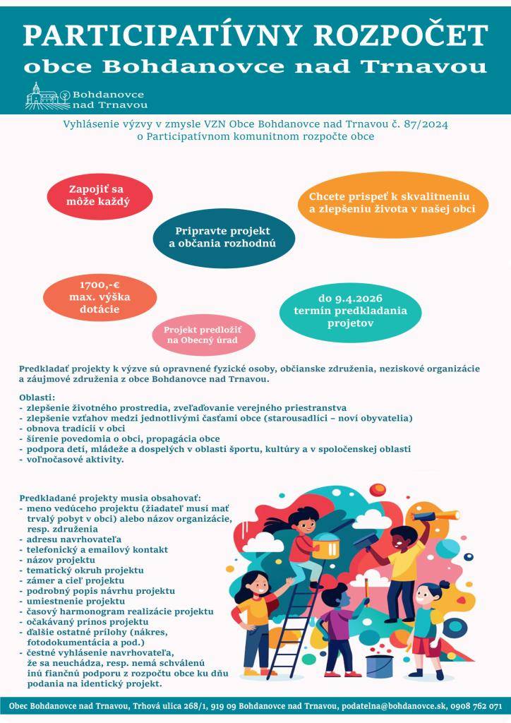 Participatívny rozpočet v obci Bohdanovce nad Trnavou.  Obecné zastupiteľstvo schválilo v roku 2024 VZN č. 87/2024, na základe ktorého dávame našim obyvateľom možnosť aktívne sa podieľať na rozvoji obce prostredníctvom participatívneho rozpočtu.