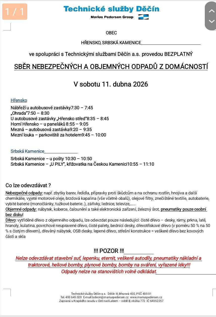 Sběr nebezpečných a objemných odpadů z domácností. V sobotu 11. dubna 2026