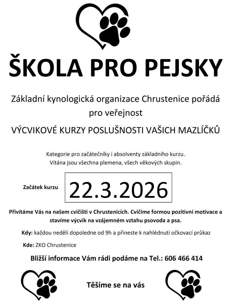Kde: ZKO Chrustenice  Kdy: začínáme 22. března 2026 od 9:00  Bližší informace na tel.: 606466414
