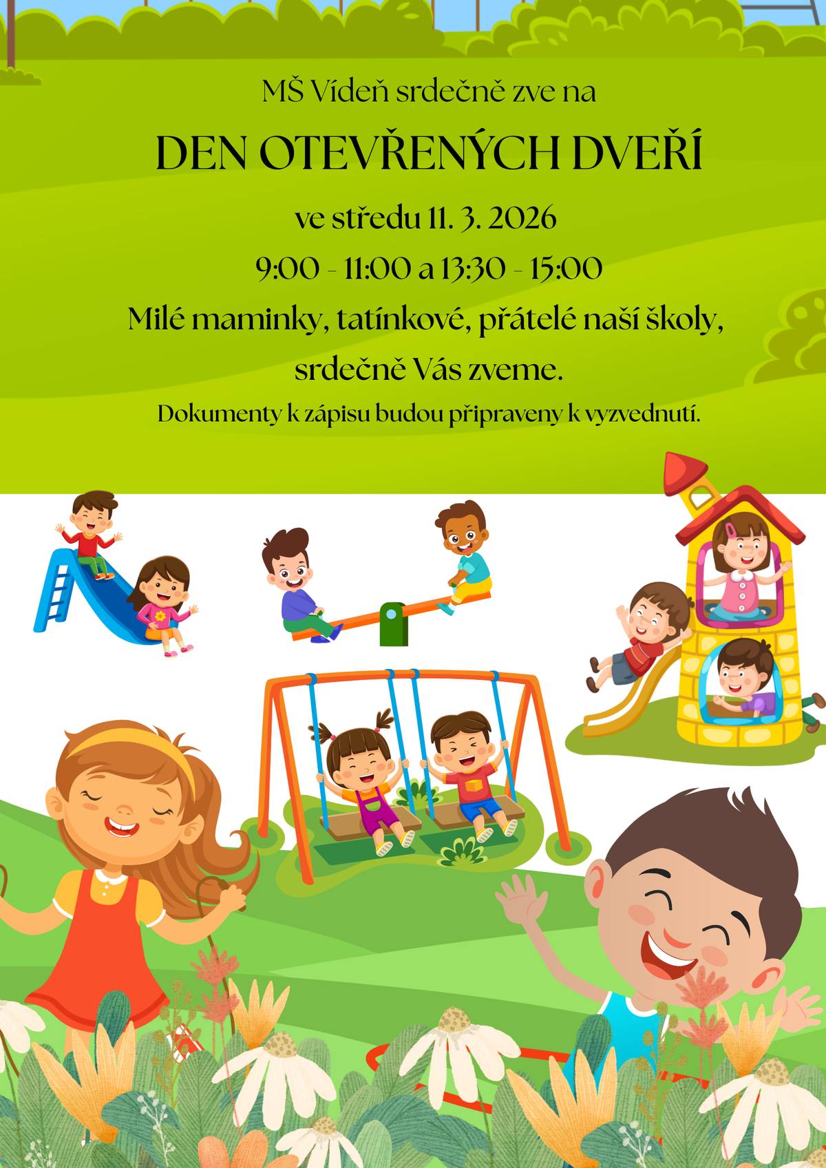Mateřská škola Vídeň srdečně zve všechny rodiče a přátele školy na Den otevřených dveří, který se uskuteční ve středu 11. března 2026. Otevřeno bude v časech: 🕘 9:00–11:00 🕜 13:30–15:00 Návštěvníci si budou moci prohlédnout prostory mateřské školy, seznámit se s prostředím i vzdělávacím programem.