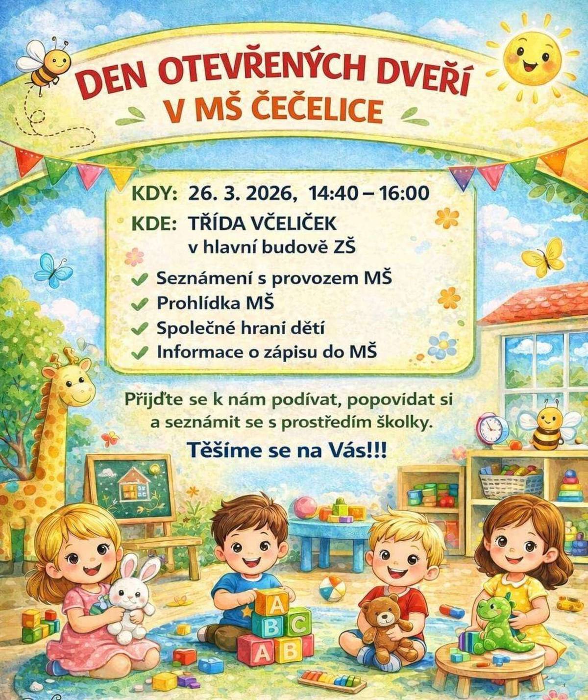 DEN OTEVŘENÝCH DVEŘÍ V MŠ ČEČELICE 26.3.2026 14.40-16:00