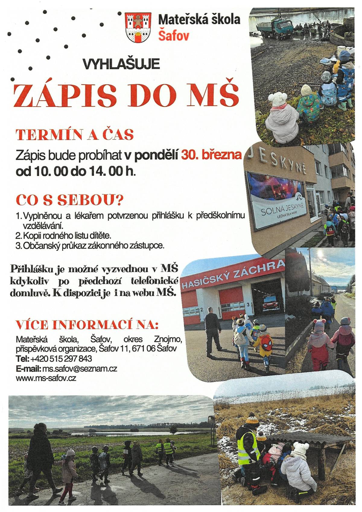 Zápis do MŠ Šafov se koná v pondělí dne 30.března 2026 - od 10:00 do 14:00 hod..