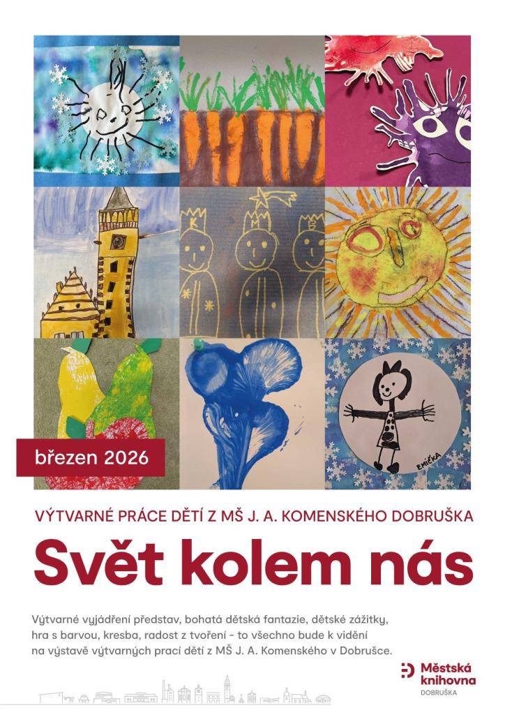 Výtvarné práce dětí z MŠ J. A. Komenského Dobruška.  Výtvarné vyjádření představ, bohatá dětská fantazie, dětské zážitky, hra s barvou, kresba, radost z tvoření - to všechno bude k vidění na výstavě výtvarných prací dětí z MŠ J. A. Komenského v Dobrušce.