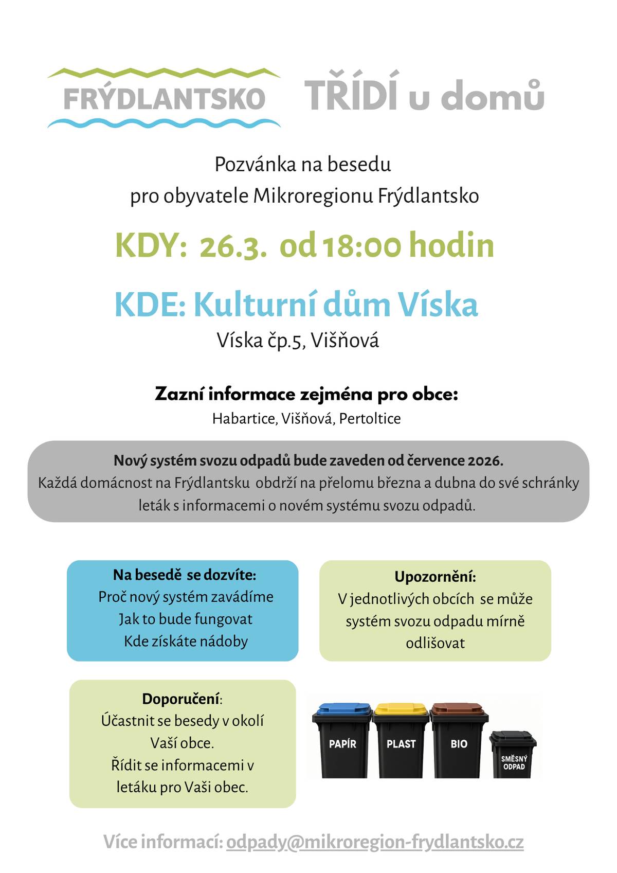Beseda o novém systému svozu odpadů. Obec Pertoltice zajistí pro své občany kteří budou mít zájem odvoz od hasičské zbrojnice 26.3.2026 v 17:30 hodin.
