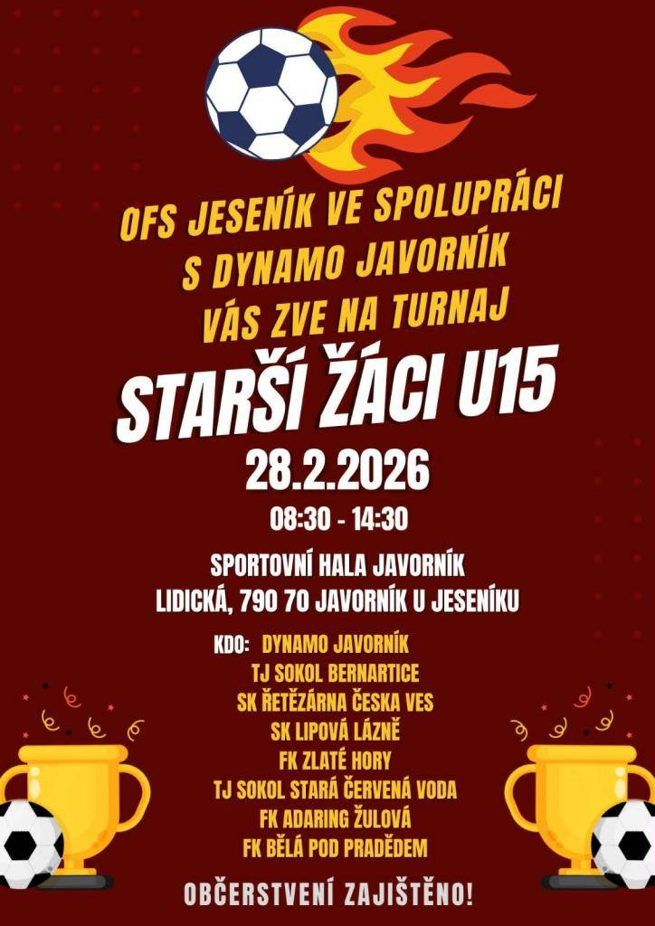 Srdečně vás zveme na turnaj starších žáků U5, který se koná 28. února 2026. Akce začne v 08:30 a potrvá až do 14:30. Místem konání je sportovní hala v Javorník.