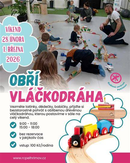 Po celý víkend postavíme velkou dřevěnou vláčkodráhu, kde si děti mohou hrát, stavět, objevovat a užívat si radost z vláčků.   O zábavu bude postaráno čeká vás pohodová atmosféra, prostor pro společné chvíle a krásně strávený zimní čas s rodinou.   Na místě si můžete dát kávu nebo čaj. Svačinku si klidně přineste s sebou.   Přijďte si užít pohodový víkend, zpomalit a věnovat čas tomu nejcennějšímu společným zážitkům.