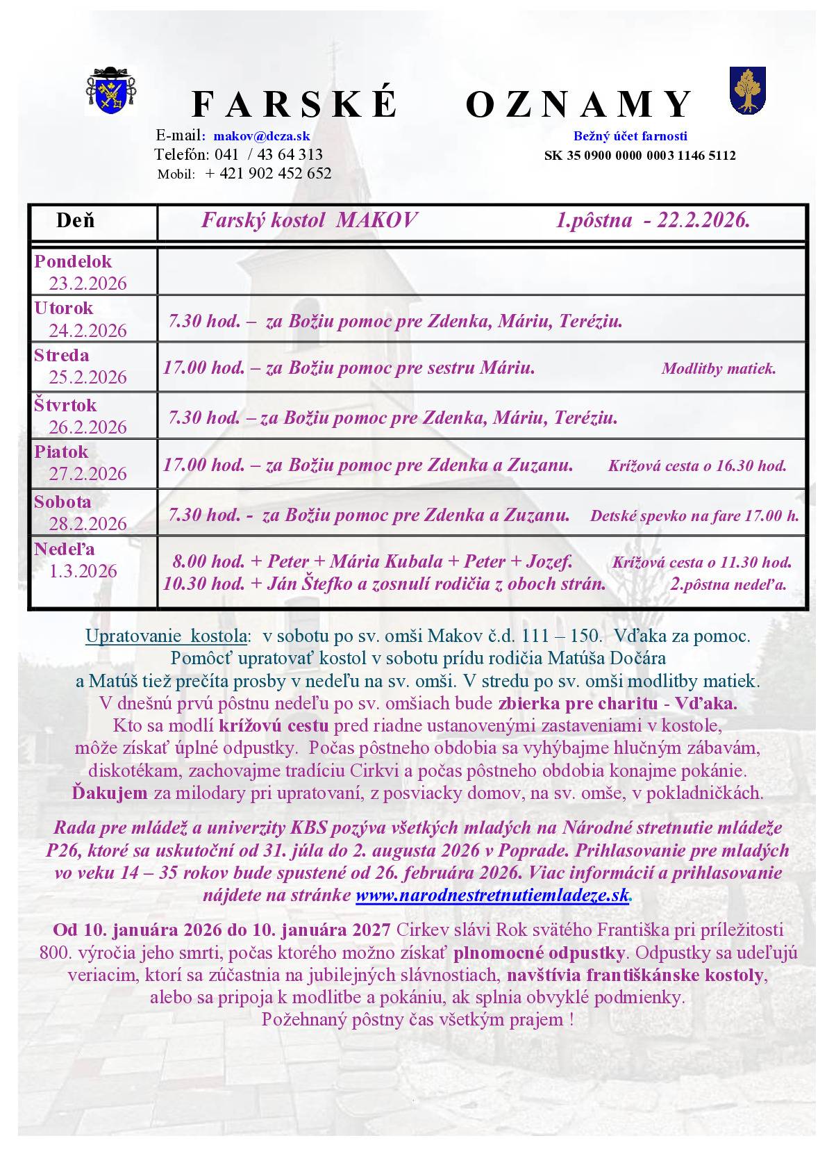 Farské oznamy od 23.02.2026 do 01.03.2026
