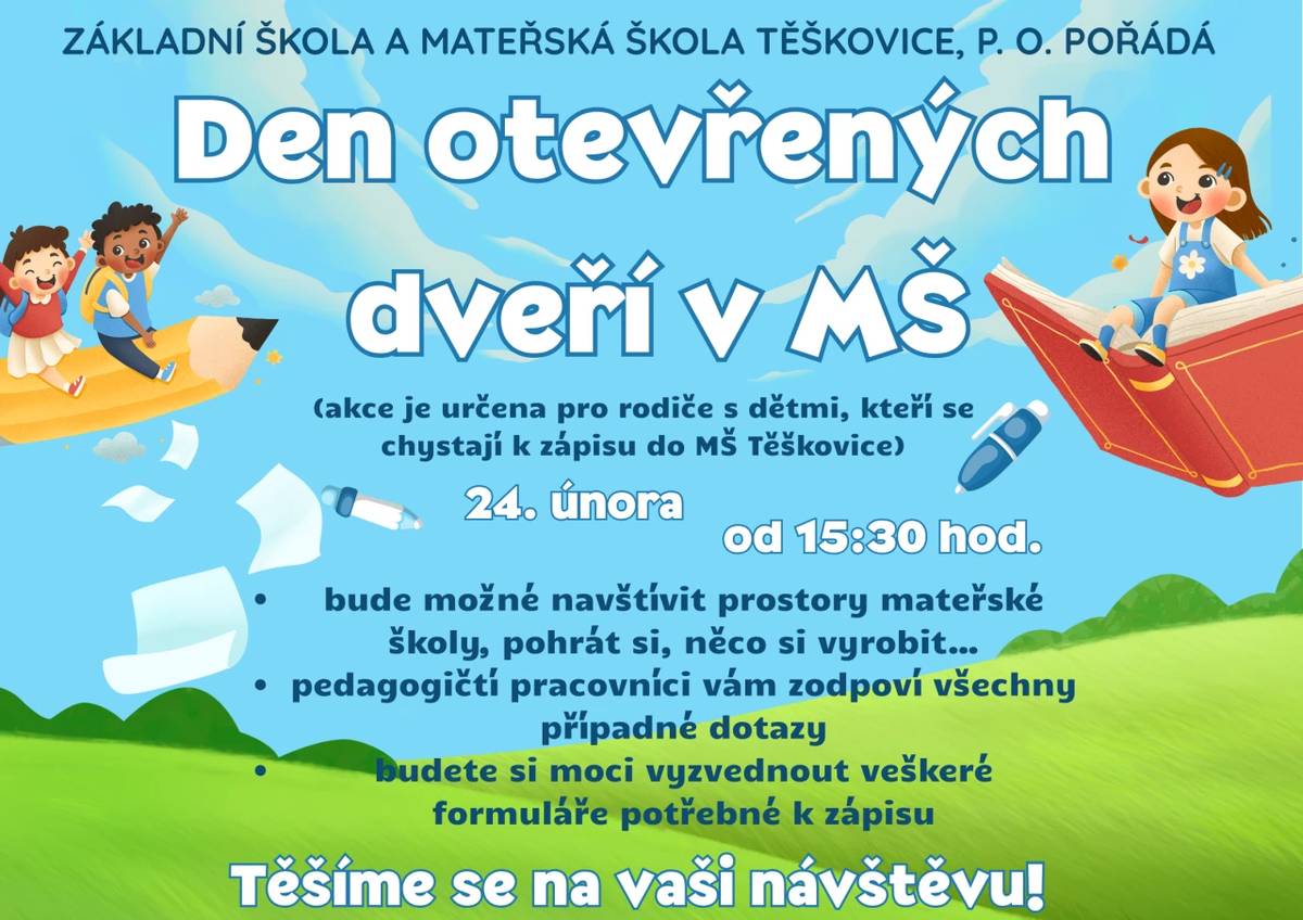 Chystáte se se svým dítětem k zápisu do školky a chcete vědět, co vás čeká? Mateřská škola Těškovice zve všechny budoucí školáky i jejich rodiče na prohlídku svých prostor. Přijďte se 24. února od 15:30 hodin podívat, jak to u nás vypadá, a prožijte s námi příjemné odpoledne.