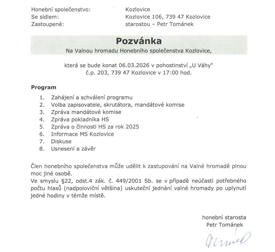 zve na Valnou hromadu 6. 3. 2026