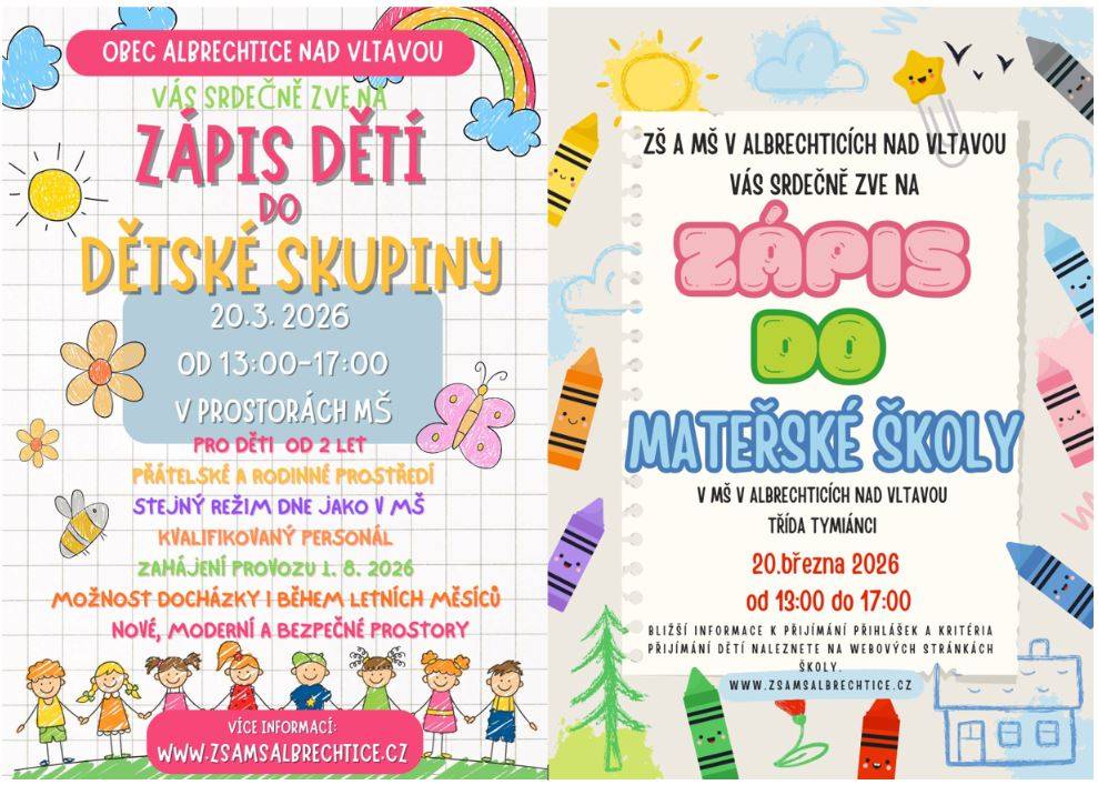 Mateřská škola (třída Tymiánci)    Dětská skupina (pro děti od 2 let)    Zápis proběhne v prostorách MŠ Albrechtice nad Vltavou.    Nabízíme přátelské prostředí, kvalifikovaný personál, možnost docházky i během letních měsíců a nové, moderní a bezpečné prostory.